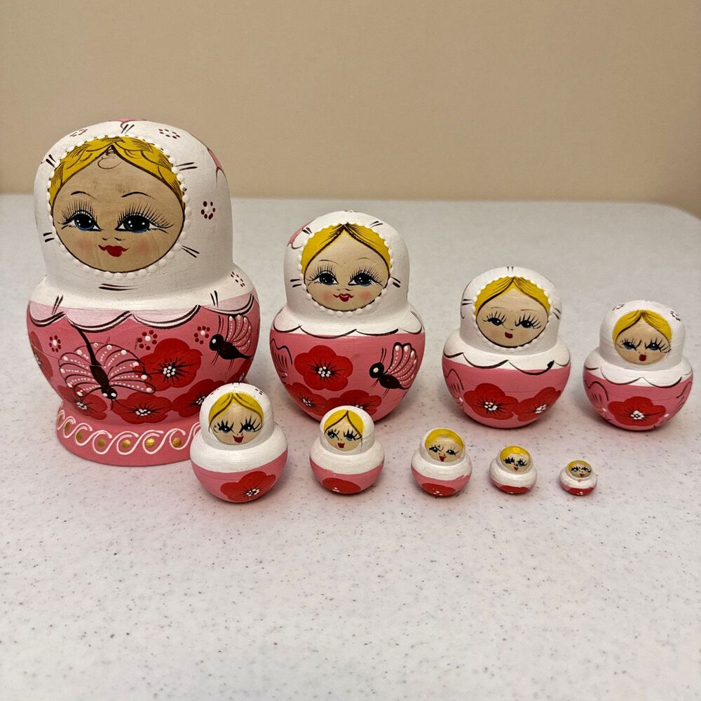 Russian Nesting Dolls Pink Floral Butterfly Babushka Matryoshka Set Of 9 Vtg